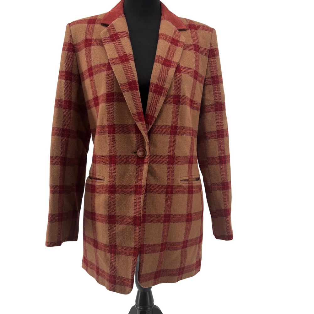 Harve Benard Womens Brown Red Plaid 100% Wool Longline Blazer Jacket Sz 8 Preppy